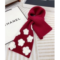 Top Design Chanel Wool Cashmere Knit Long Scarf 21x95cm with Camellia Bloom 1128 Red 2024