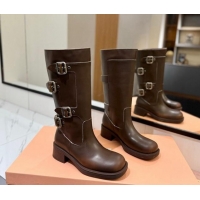 Popular Style Miu Miu Bleached High Boots with Buckle Strap Dark Brown 1228071