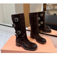 Top Grade Miu Miu Suede High Boots with Buckle Strap Dark Brown 1228072