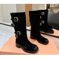 Top Design Miu Miu Suede High Boots with Buckle Strap Black 1228073