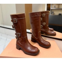 Best Product Miu Miu Bleached Leather High Boots with Buckle Strap Sienna Brown 1228074