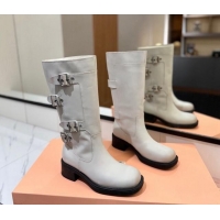 Best Price Miu Miu Bleached Leather High Boots with Buckle Strap White 1228075