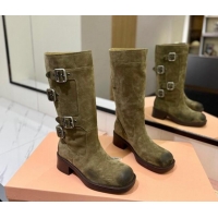 Unique Style Miu Miu Suede High Boots with Buckle Strap Green 1228076