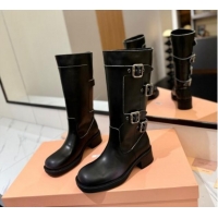 Lower Price Miu Miu Bleached Leather High Boots with Buckle Strap Black 1228077