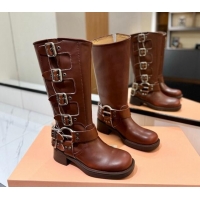 Grade Quality Miu Miu Bleached Leather High Boots with Buckle Strap Sienna Brown 1228078