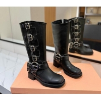 Low Price Miu Miu Bleached Leather High Boots with Buckle Strap Black 1228080