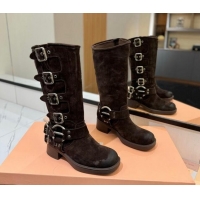 Shop Duplicate Miu Miu Suede High Boots with Buckle Strap Dark Brown 1228083