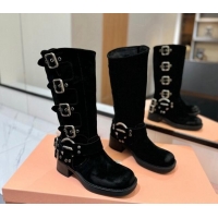 Big Discount Miu Miu Suede High Boots with Buckle Strap Black 1228084