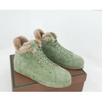 Pretty Style Loro Piana High top Sneakers in Suede and Wool Fur Light Green 1113101