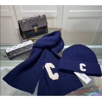 Luxury Discount Celine Knit Long Scarf and Hat Set 1021 Navy Blue 2024