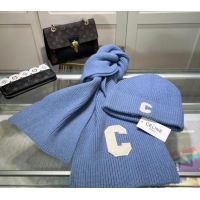 New Fashion Celine Knit Long Scarf and Hat Set CE1021 Light Blue 2024