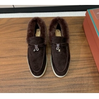 Top Design Loro Piana Summer Charm Loafers in Suede and Wool Fur Coffee Brown 1113125