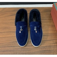 Best Grade Loro Piana Summer Charm Loafers in Suede and Wool Fur Dark Blue 1113127