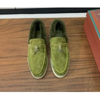 Luxurious Loro Piana Summer Charm Loafers in Suede and Wool Fur Lyw Green 1113130