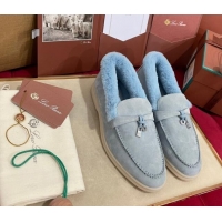 Low Price Loro Piana Summer Charm Loafers in Suede and Beaver Fur Light Blue 1113140