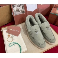 Top Grade Loro Piana Summer Charm Loafers in Suede and Beaver Fur Dusty Green 1113141