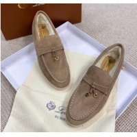 Pretty Style Loro Piana Summer Charm Loafers in Suede with Wool Lining Dark Khaki 1230001