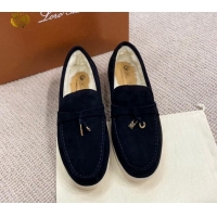 Good Looking Loro Piana Summer Charm Loafers in Suede with Wool Lining Black 1230003