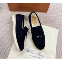 Good Looking Loro Piana Summer Charm Loafers in Suede with Wool Lining Black 1230003