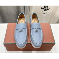 Luxury Discount Loro Piana Summer Charm Loafers in Grained Leather Light Blue 1230022