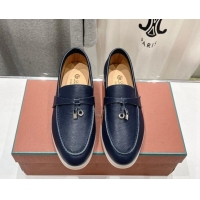 Classic Hot Loro Piana Summer Charm Loafers in Grained Leather Dark Blue 1230033