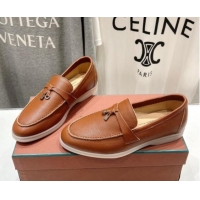 Buy Fashionable Loro Piana Summer Charm Loafers in Grained Leather Tan Brown 1230034