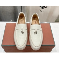 Luxury Cheap Loro Piana Summer Charm Loafers in Grained Leather Ivory White 1230035