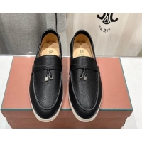 Stylish Loro Piana Summer Charm Loafers in Grained Leather Black 1230036