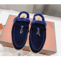 Stylish Loro Piana Charms Walk Babouche Loafer Mules in Suede and Wool Dark Blue 1230041