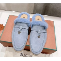 1:1 aaaaa Loro Piana Charms Walk Babouche Loafer Mules in Suede and Wool Light Blue 1230043