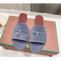 Good Quality Loro Piana Summer Charms Slides Sandal in Suede Dusty Blue 1230066