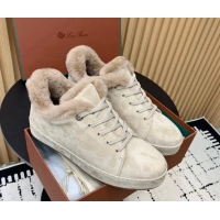 Stylish Loro Piana Low top Sneakers in Suede and Wool Fur Beige 1230073