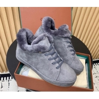 Charming Loro Piana Low top Sneakers in Suede and Wool Fur Dusty Blue 1230077