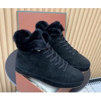 Best Grade Loro Piana High top Sneakers in Suede and Wool Fur Black 1230080