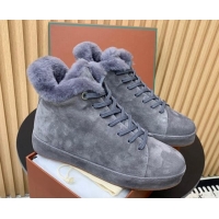 Classic Hot Loro Piana High top Sneakers in Suede and Wool Fur Dusty Blue 1230084