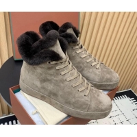 Good Quality Loro Piana High top Sneakers in Suede and Wool Fur Grey 1230086