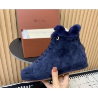 Hot Style Loro Piana High top Sneakers in Suede and Wool Fur Royal Blue 1230087