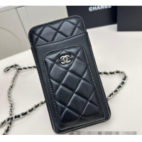 Best Price Chanel Lambskin Phone Holder with Chain AP0990 Black/Silver 2025