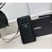 Best Price Chanel Lambskin Phone Holder with Chain AP0990 Black/Silver 2025