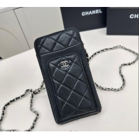 New Fashion Chanel Grained Calfskin Phone Holder with Chain AP0990 Black/Silver 2025