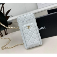 Famous Brand Chanel Grained Calfskin Phone Holder with Chain AP0990 White 2025