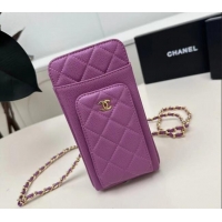 Trendy Design Chanel Grained Calfskin Phone Holder with Chain AP0990 Dark Purple 2025