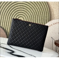 Famous Brand Chanel Quilted Grianed Calfskin Large Zipped Pouch A31531 Black 2025