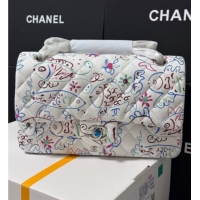 Top Design Chanel Flying Fish Print Fabric Classic 11.12 Medium Flap Bag A01112 White 2025