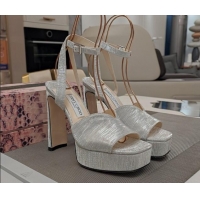 Good Quality Jimmy Choo Shiny Satin Platform High Heel Sandals 12.5cm Silver 1122097