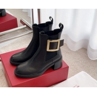 Pretty Style Roger Vivier Viv' Rangers Metal Buckle Chelsea Boots 6cm in Leather Black 1115130