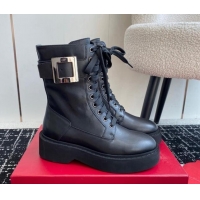 Luxurious Roger Vivier Viv' Rangers Metal Buckle Platform Combat Ankle Boots 6cm in black leather 1115134