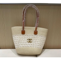 Buy Discount Chanel Crochet Straw Basket Bag 0312 Light Beige 2025