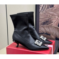 Charming Roger Vivier Flower Strass Buckle Ankle Boots in black satin 1115136