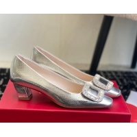 Stylish Roger Vivier Belle Vivier Strass Buckle Pumps 4.5cm in Snakeskin Embossed Leather Silver 1225098